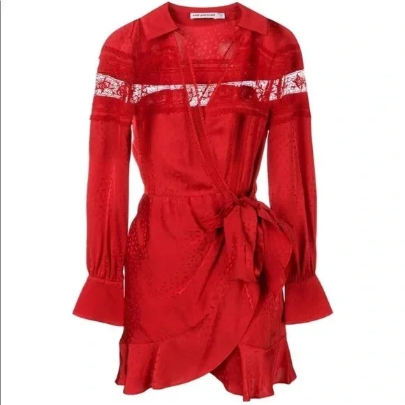 SELF-PORTRAIT Trimmed Wrap Red Dress - Picture 3 of 16